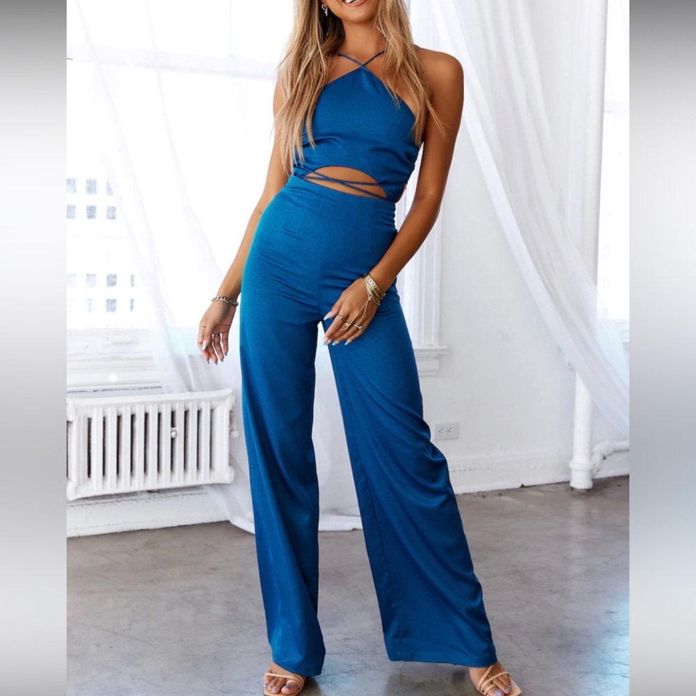 Hello Molly NWT blue Backless fun jumpsuit.